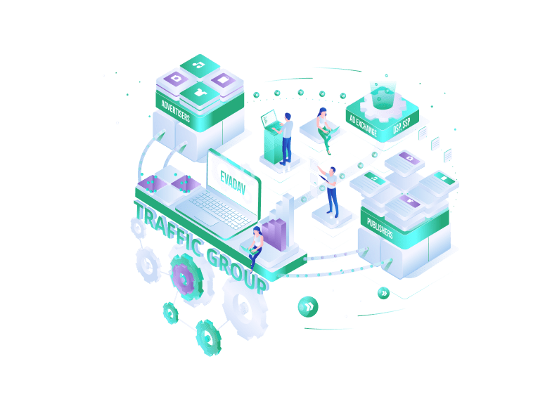 Illustration of Evadav traffic group ecosystem showing interaction between advertisers, publishers, ad exchange, DSP, and SSP, connected via advanced technology and seamless workflows.