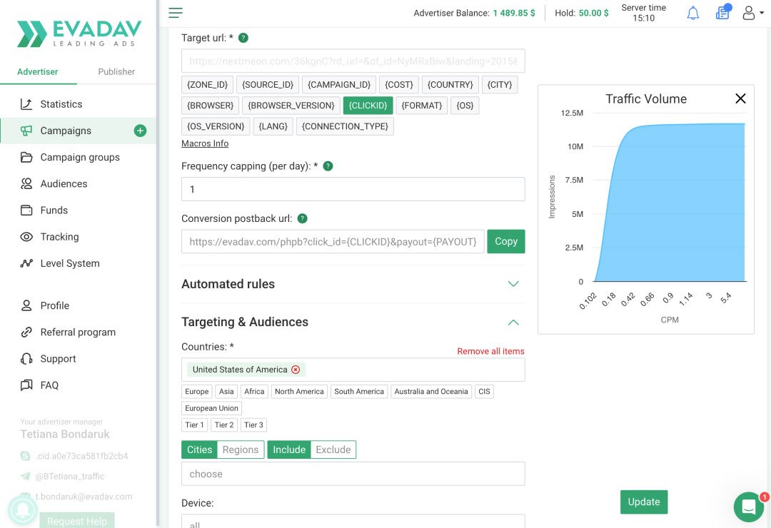 EVADAV campaign setup interface displaying targeting, pricing models, and push notification preview